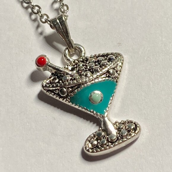 Martini Cocktail Drink Cup Glass Charm Necklace Pendant Aqua Enamel 18" Chain - Picture 3 of 9
